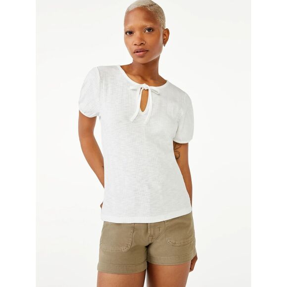 Free Assembly | White Tie Neck Top with Puff Sleeves | Small - Picture 1 of 11